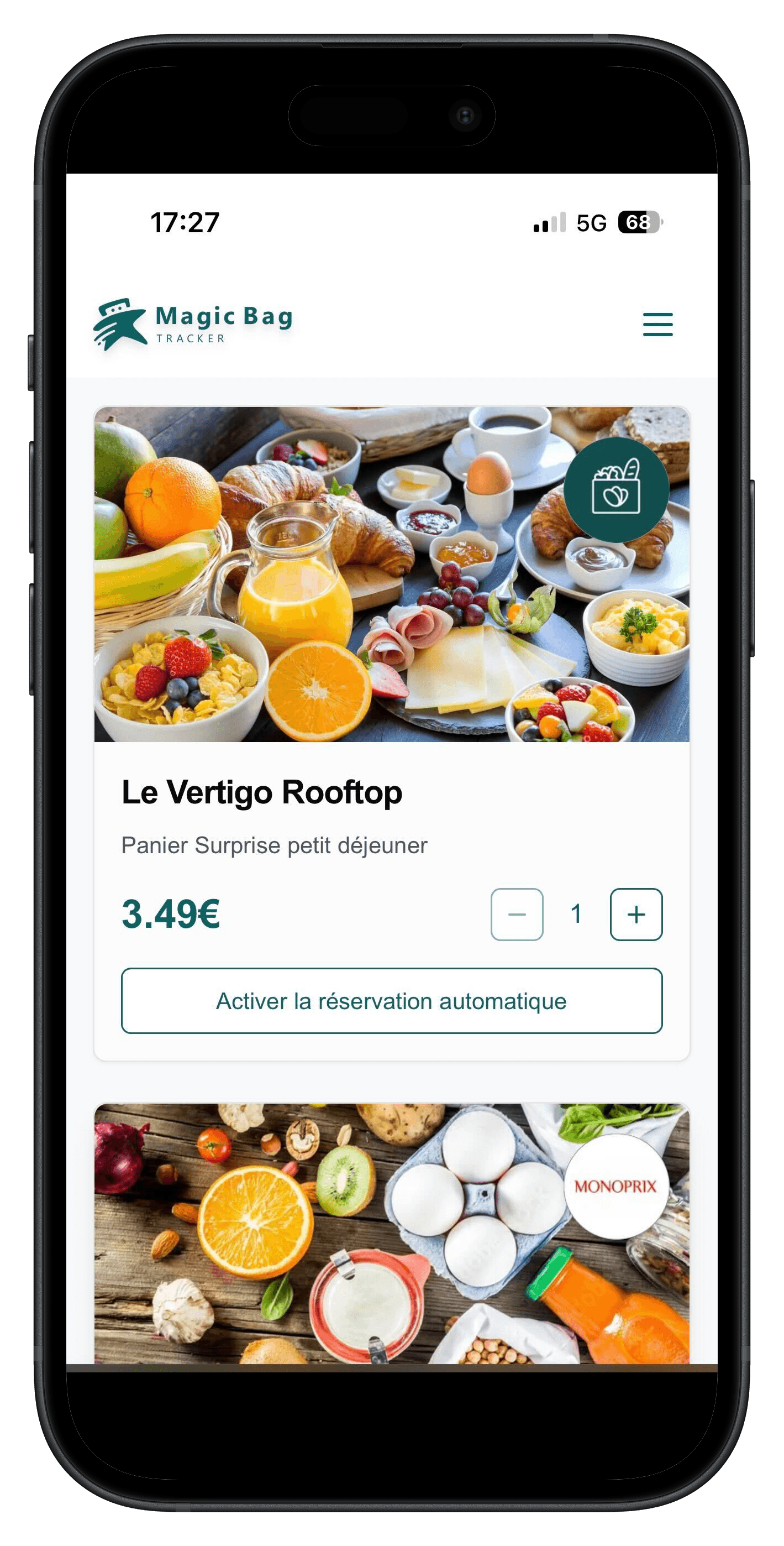Capture d'écran du tableau de bord de Magic Bag Tracker avec les paniers favoris