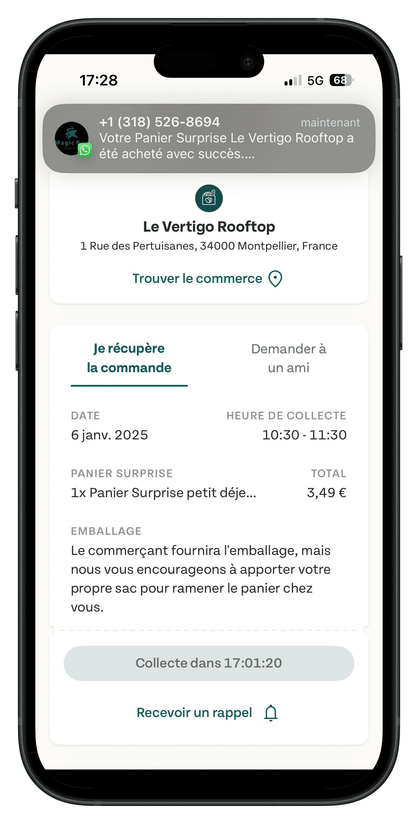 Capture d'écran montrant le panier réservé dans l'application Too Good To Go
